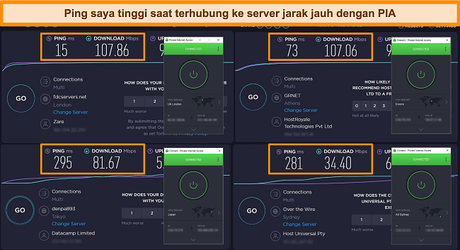 Tangkapan layar hasil tes kecepatan Ookla dengan PIA yang terhubung ke server yang berbeda.