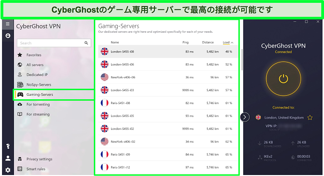 負荷が降順でソートされたCyberGhostゲームサーバーのスクリーンショット