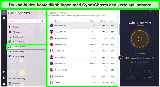 Skjermbilde av CyberGhost -spillservere med belastning sortert etter synkende rekkefølge