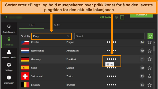 Skjermdump av IPVanish -serverlisten i Windows -appen, og fremhever serverne sortert etter ping og den laveste tilgjengelige latensen i den regionen.