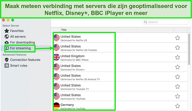 Schermafbeelding van het tabblad Streaming in de CyberGhost-app voor Mac