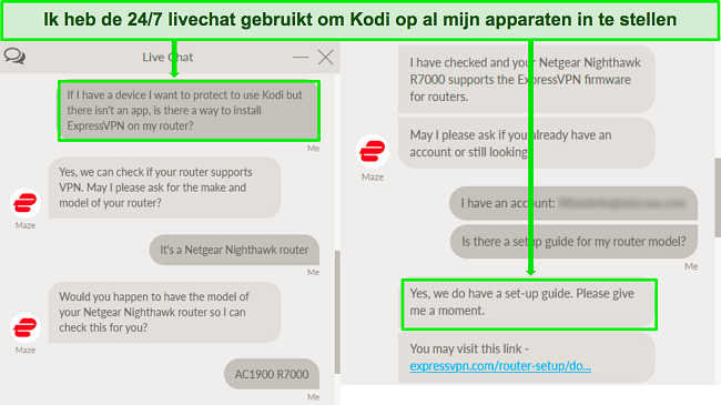 Screenshot van een uitwisseling met ExpressVPN's live chat-ondersteuning over het gebruik van ExpressVPN op een router om met Kodi . te werken