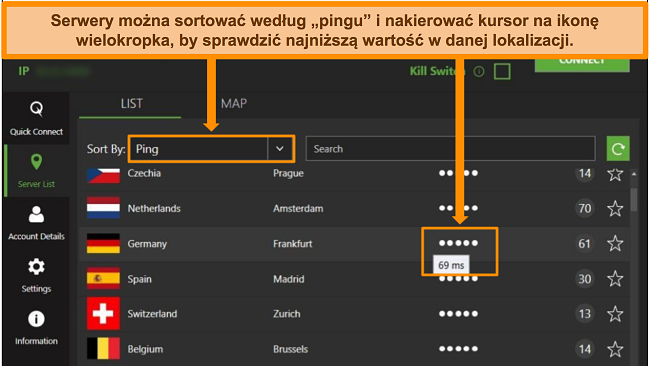 Zrzut ekranu listy serwerów IPVanish w aplikacji Windows, podświetlający serwery posortowane według ping i najniższe dostępne opóźnienie w tym regionie.