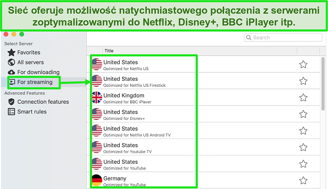 Zrzut ekranu karty Streaming w aplikacji CyberGhost dla komputerów Mac