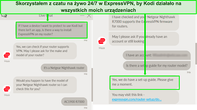 Zrzut ekranu wymiany z obsługą czatu na żywo ExpressVPN na temat używania ExpressVPN na routerze do pracy z Kodi