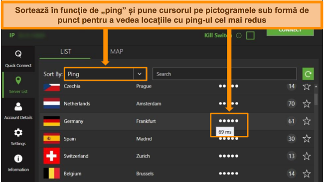 Captură de ecran a listei de servere IPVanish din aplicația Windows, evidențiind serverele sortate după ping și cea mai mică latență disponibilă din acea regiune.