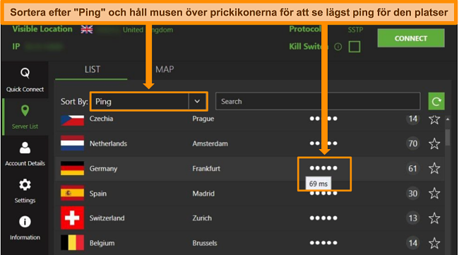 Skärmdump av IPVanish -serverlistan i Windows -appen, med betoning på servrarna sorterade efter ping och den lägsta tillgängliga latensen i den regionen.