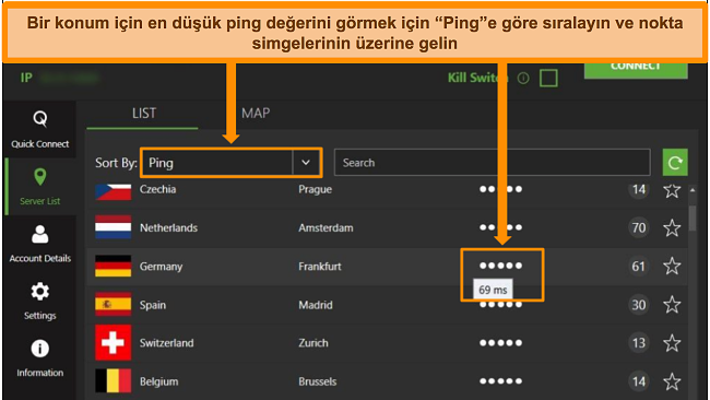 Windows uygulamasındaki IPVanish sunucu listesinin, ping'e göre sıralanmış sunucuları ve o bölgedeki mevcut en düşük gecikmeyi vurgulayan ekran görüntüsü.