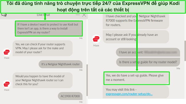 Ảnh chụp màn hình cuộc trao đổi với bộ phận hỗ trợ trò chuyện trực tiếp của ExpressVPN về việc sử dụng ExpressVPN trên bộ định tuyến để làm việc với Kodi