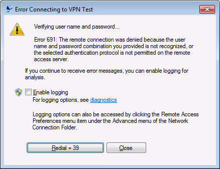 Screenshot of Microsoft Windows error connecting to VPN test