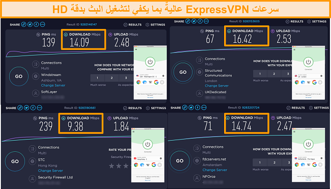 Screenshot of ExpressVPN's servers in the US, UK, Netherlands, and Hong Kong with speed test results