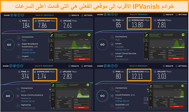 Screenshot of IPVanish's servers in the US, UK, Netherlands, and Hong Kong and speed test results