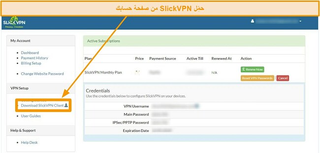 لقطة شاشة لحساب SlickVPN مع خيار التنزيل