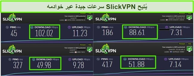 لقطة شاشة لأربعة اختبارات سرعة مختلفة أثناء الاتصال بخوادم SlickVPN