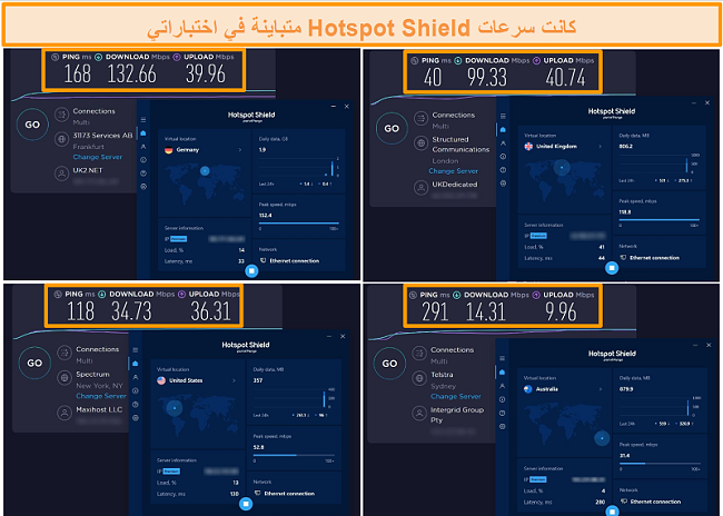 لقطة شاشة لاختبارات سرعة Hotspot Shield من ألمانيا والمملكة المتحدة والولايات المتحدة وأستراليا