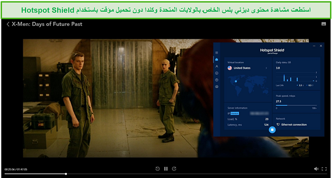 لقطة شاشة لـ Hotspot Shield لإلغاء حظر Disney + وتدفق X-Men: Days of Future Past.