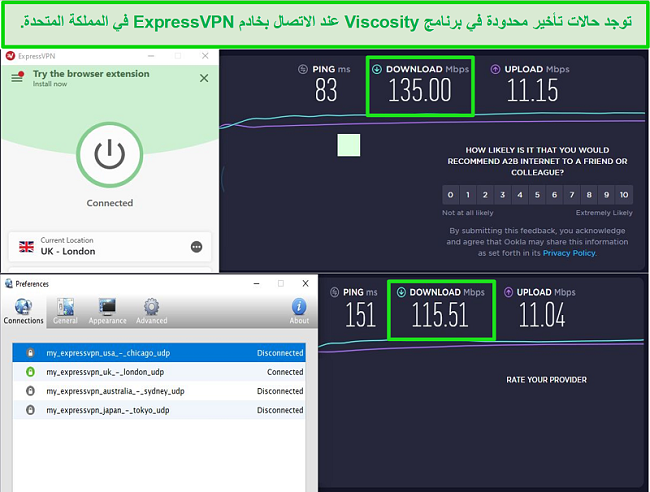 لقطة شاشة لنتائج اختبار السرعة أثناء الاتصال بخوادم Express VPN في المملكة المتحدة من خلال كل من Viscosity و ExpressVPN