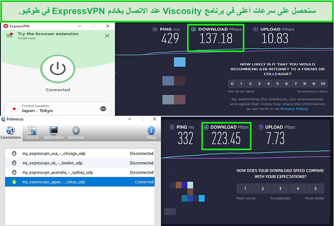 لقطة شاشة لنتائج اختبار السرعة أثناء الاتصال بخوادم Express VPN's Japan عبر كل من Viscosity و ExpressVPN