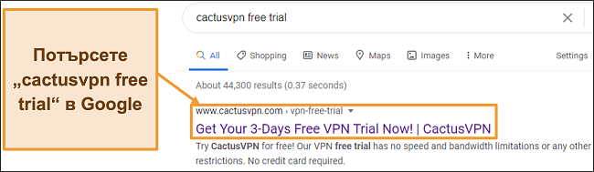 Снимка на екрана, показваща как да намерите безплатната пробна версия на CactusVPN в Google