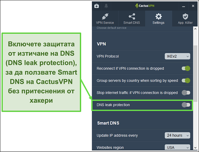 Снимка на екрана, показваща как да активирате DNS защита от изтичане