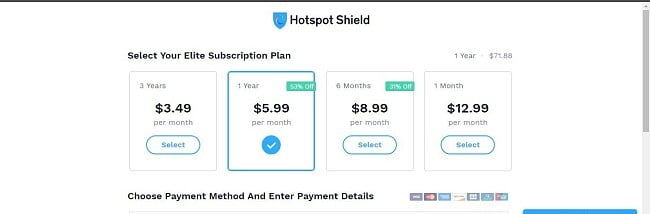 Screenshot of Hotspot Shield elite subscription plan