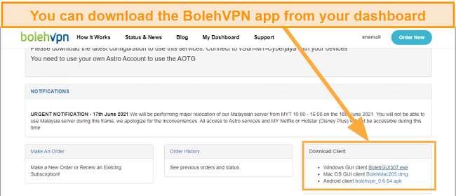Alt text: Screenshot of BolehVPN dashboard interface for client download