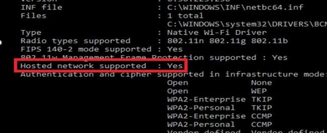 Screenshot of Command Prompt interface showing highlited settings for Hosted network support