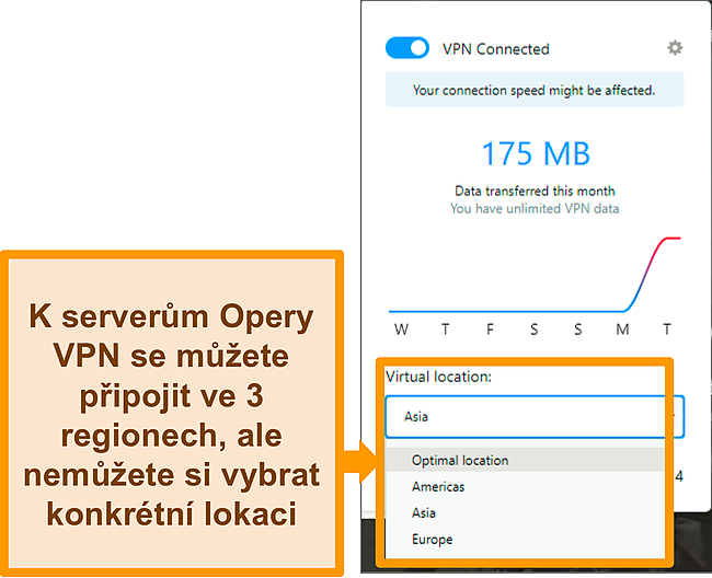 Screenshot z nabídky virtuálního umístění Opera VPN.