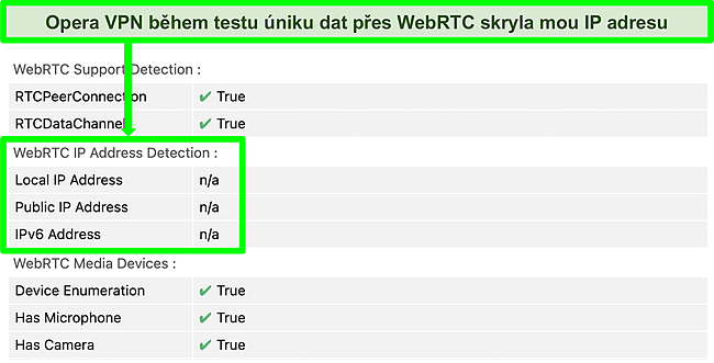 Snímek obrazovky prohlížeče OperaVPN, který prošel testem úniku WebRTC.