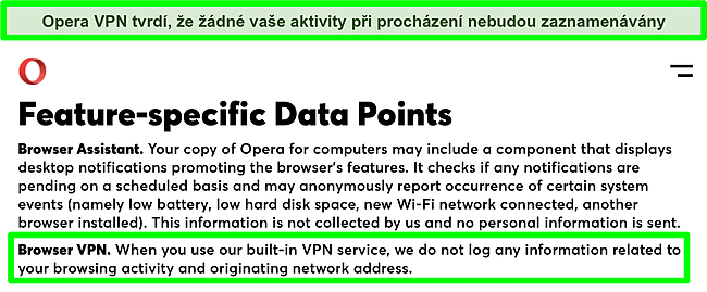 Snímek obrazovky zásad ochrany osobních údajů Opery ukazující, že VPN protokoly nezaznamenává.
