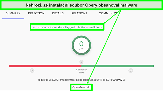 Snímek obrazovky se skenováním malwaru, který v instalačním souboru Opery nenalezl žádné viry.