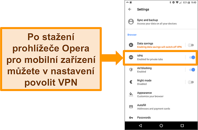 Screenshot z nabídky nastavení prohlížeče Android Opera zobrazující povolenou možnost VPN.