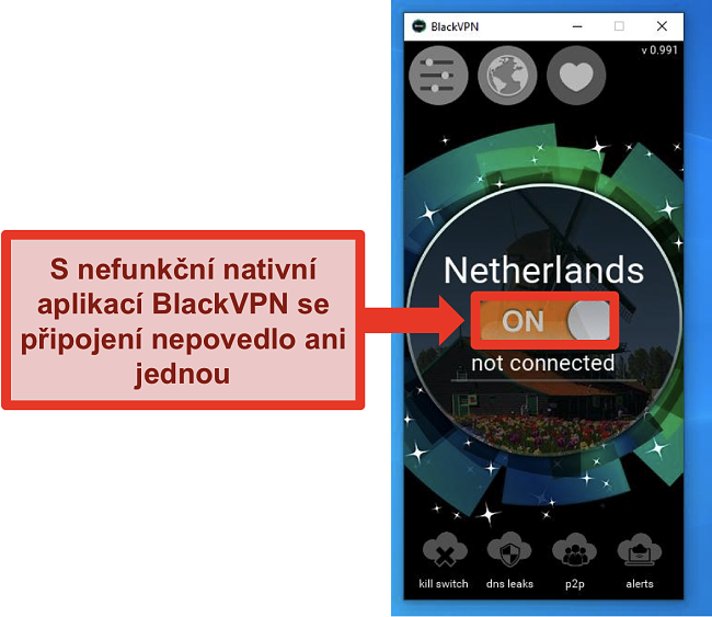 Screenshot připojení klienta Windows BlackVPN se nepřipojuje, přestože je zapnutý