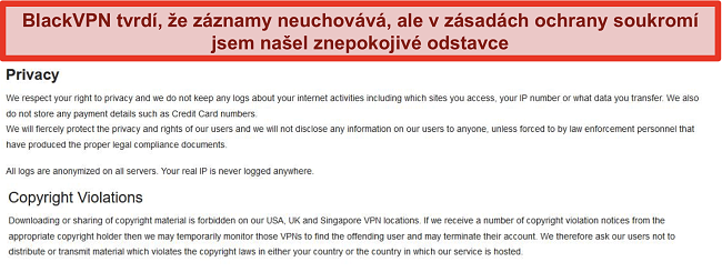 Screenshot sekcí Ochrana osobních údajů a Porušení autorských práv v podmínkách služby BlackVPN