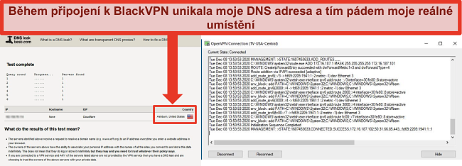 Screenshot neúspěšného testu úniku DNS, když je BlackVPN připojen k serveru v USA