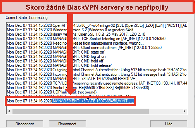 Screenshot BlackVPN, který se pokouší připojit k serveru prostřednictvím klienta OpenVPN