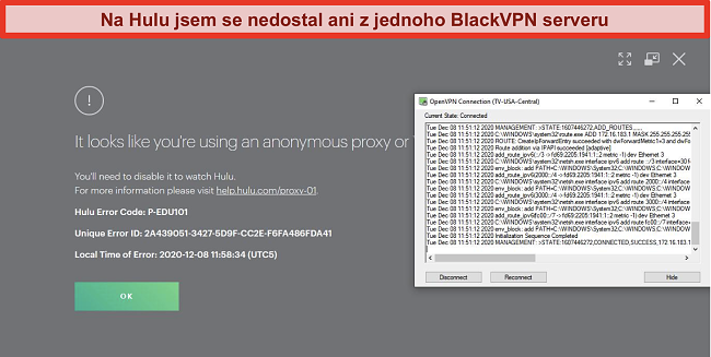 Screenshot chyby IP proxy serveru Hulu, když je BlackVPN připojen přes OpenVPN