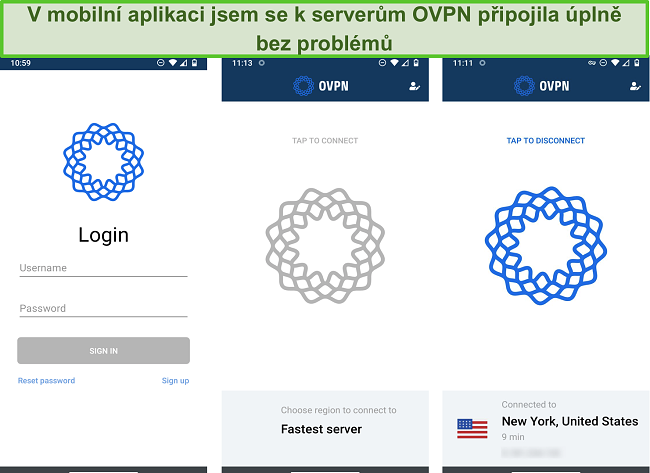 Screenshot z procesu přihlášení OVPN v mobilu