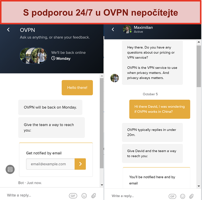 Screenshot omezené podpory živého chatu pro OVPN