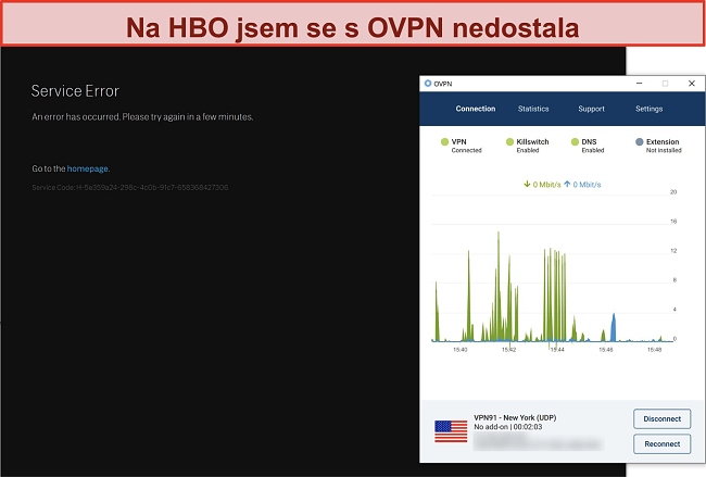 Screenshot z blokování OVPN ze strany HBO