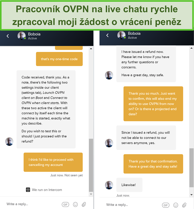 Screenshot z úspěšné žádosti o vrácení peněz prostřednictvím živého chatu OVPN