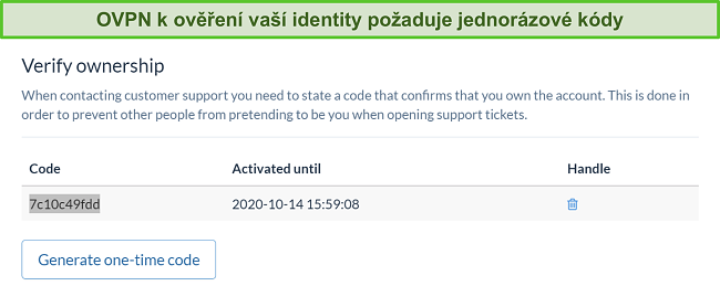 Screenshot jednorázového kódu OVPN k ověření identity během procesu zrušení předplatného