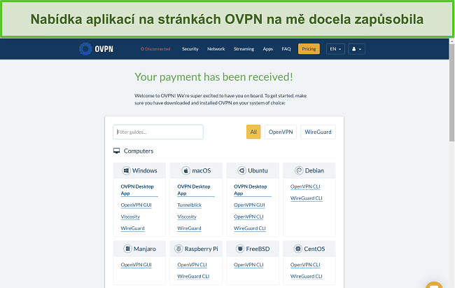 Screenshot možností aplikace OVPN