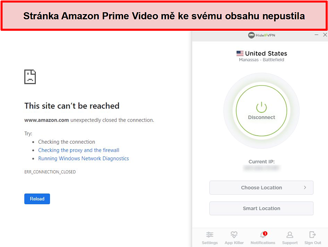 Screenshot z aplikace Amazon Prime Video odmítající připojení HideIPVPN.