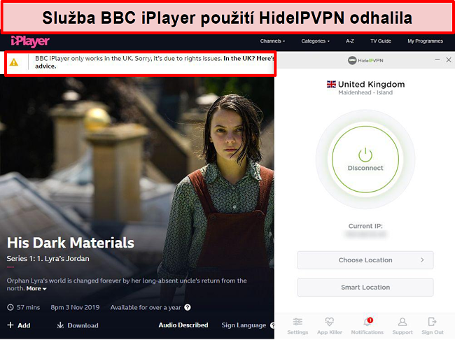 Screenshot z detekce chyb BBC iPlayer, který se nenachází ve Velké Británii.