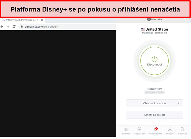 Screenshot z HideIPVPN, který nemá přístup k Disney +.