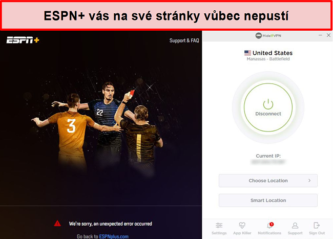 Screenshot ESPN +, který vám brání v přístupu k jeho službám prostřednictvím HideIPVPN.