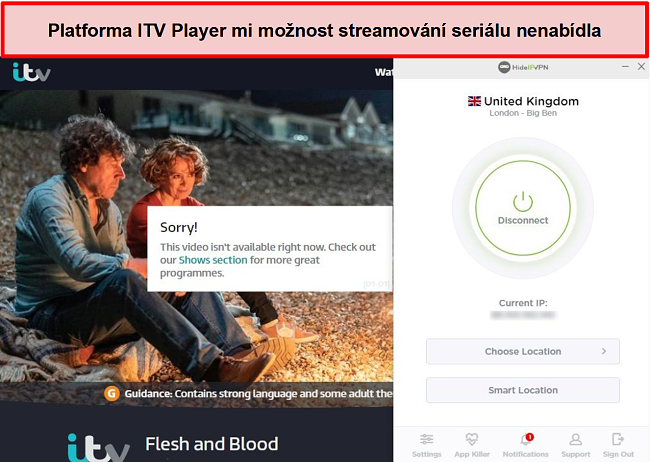 Screenshot aplikace ITV Player, která odstraňuje možnost streamovat pořady na připojení HideIPVPN. Místo toho uvádí, že video momentálně není k přehrání.