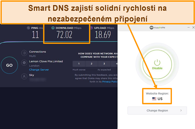 Screenshot z testu rychlosti HideIPVPN Smart DNS.