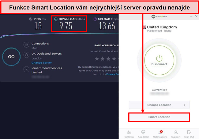 Screenshot z testu rychlosti pomocí Smart Location.